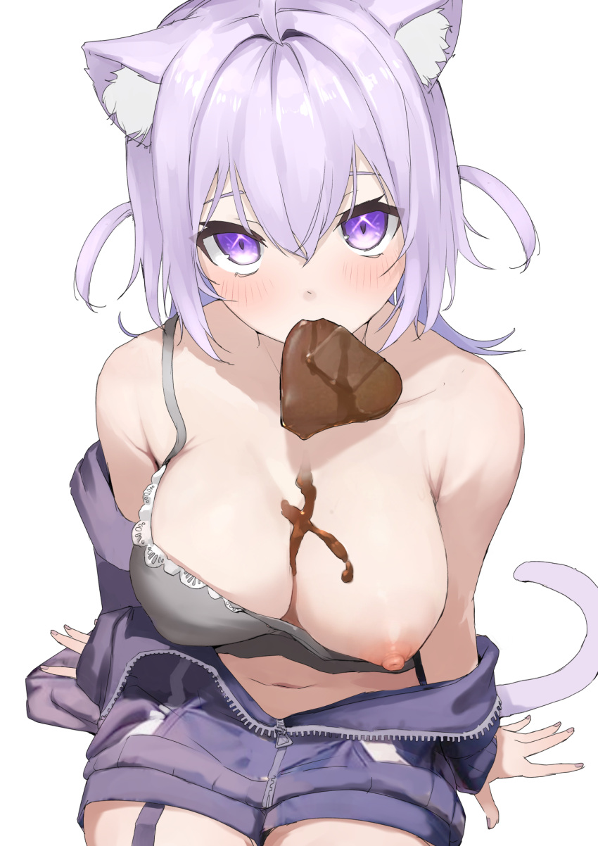 1girl animal_ears black_jacket blush breasts candy cat_ears cat_girl cat_tail chocolate chocolate_on_body chocolate_on_breasts cleavage clothes_pull cowboy_shot crop_top double-parted_bangs food food_on_body grey_tank_top hair_between_eyes heart heart-shaped_chocolate highres hololive jacket looking_at_viewer medium_breasts medium_hair mitsuru_(pixiv_34028718) mouth_hold navel nekomata_okayu nekomata_okayu_(7th_costume) nipples official_alternate_costume official_alternate_hairstyle one_breast_out open_clothes open_jacket purple_eyes purple_hair shirt_pull simple_background single_bare_shoulder sitting solo strap_slip tail tank_top two_side_up unzipped virtual_youtuber white_background