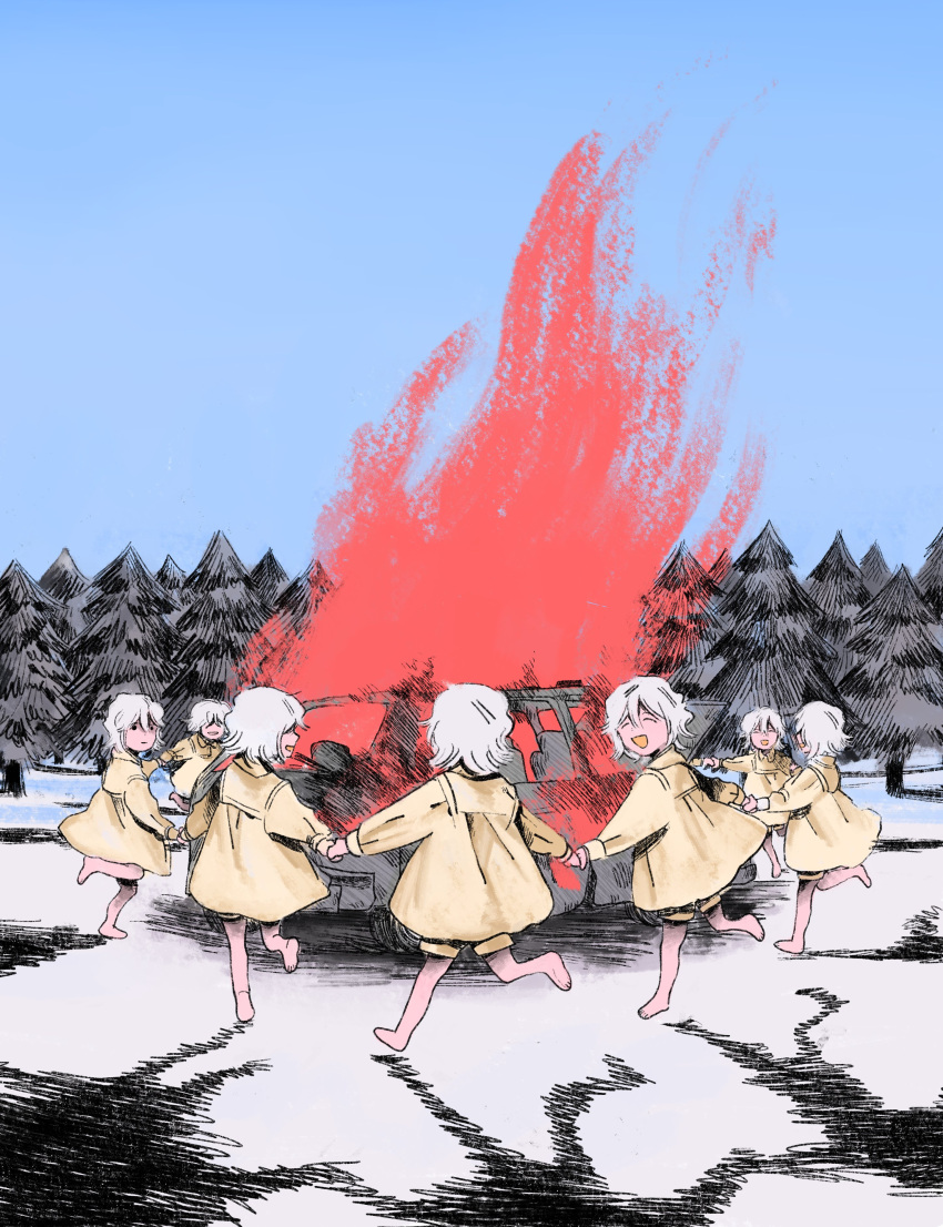 absurdres ambiguous_gender bananpam barefoot blue_sky burning car child circle dancing english_commentary highres holding_hands motor_vehicle original red_fire shadow sketch sky tree white_hair