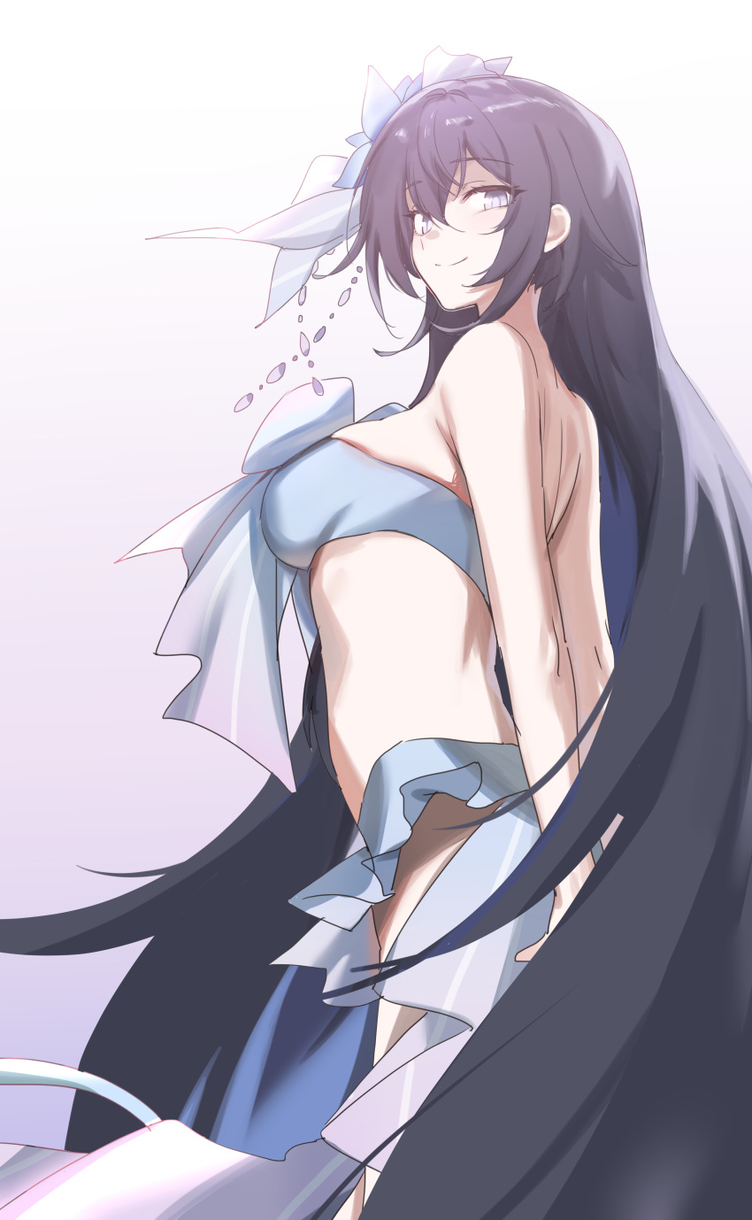 1girl absurdres arms_behind_back bandeau bare_arms bare_shoulders black_hair breasts commentary_request cowboy_shot gradient_background highres honkai_(series) honkai_impact_3rd kame_(addlechicken) large_breasts long_hair looking_at_viewer purple_background purple_eyes seele_vollerei smile solo standing strapless tube_top very_long_hair