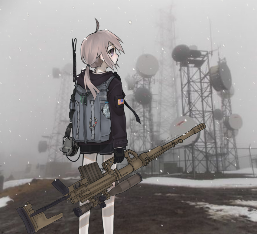 1girl absurdres ahoge american_flag arm_at_side backpack bag black_gloves black_jacket black_skirt bolt_action brown_eyes brown_hair cheytac_m200 closed_mouth day dirt_road expressionless feet_out_of_frame fence fog from_behind girls'_frontline gloves gun hand_up highres holding holding_gun holding_weapon hood hood_down hooded_jacket jacket long_legs long_sleeves lovell_(v311) low_ponytail m200_(girls'_frontline) miniskirt outdoors patch photo_background profile radio_tower rifle road shoulder_patch signature skirt sniper_rifle snow snowing solo standing unworn_headphones weapon