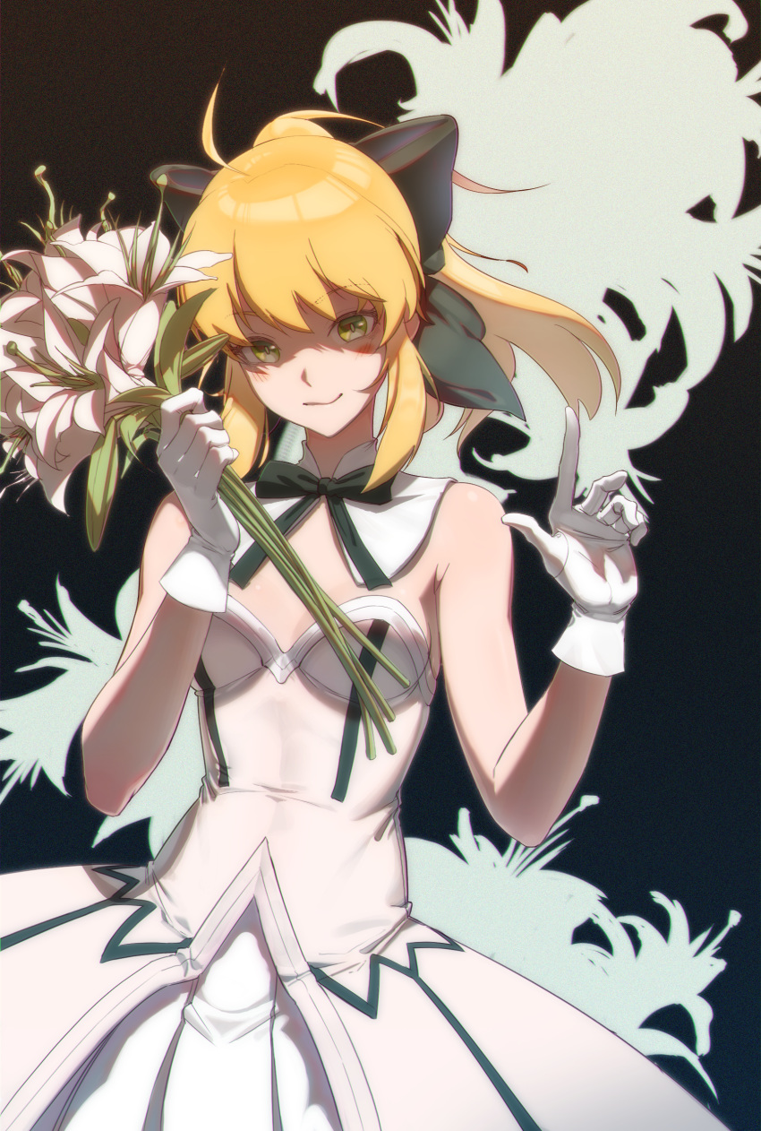 1girl absurdres ahoge artoria_pendragon_(fate) black_bow black_ribbon blonde_hair blush bow breasts closed_mouth commentary cowboy_shot dress fate/grand_order fate/unlimited_codes fate_(series) flower gloves green_eyes hair_bow hands_up highres holding holding_flower ksb_(qwop03) lily_(flower) looking_at_viewer medium_hair neck_ribbon ponytail ribbon saber_lily sidelocks sleeveless sleeveless_dress small_breasts smile solo strapless strapless_dress white_dress white_flower white_gloves white_lily