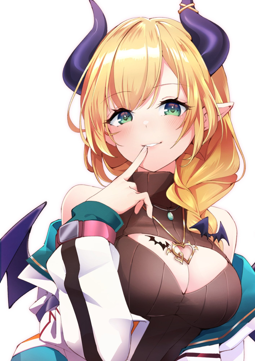 1girl bat_tattoo black_horns blonde_hair blue_eyes breasts cleavage cleavage_cutout clothing_cutout demon_girl demon_horns demon_wings finger_to_mouth heart heart_necklace highres hololive horn_ornament horn_ring horns jewelry large_breasts long_hair looking_at_viewer necklace official_alternate_costume pointy_ears simple_background smile solo sweater tattoo turtleneck virtual_youtuber white_background winged_heart wings yayilu yuzuki_choco yuzuki_choco_(6th_costume)