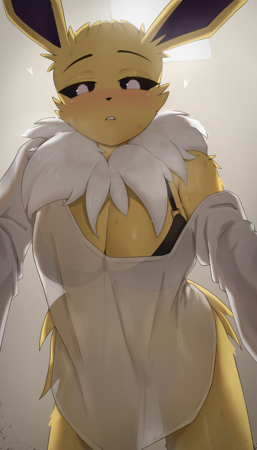 &lt;3 absurd_res anthro bedroom_eyes blush bodily_fluids bra breasts cleavage clothed clothing eeveelution female generation_1_pokemon hi_res jolteon kaiske2 looking_at_viewer narrowed_eyes nintendo pokemon pokemon_(species) seductive solo sweat translucent translucent_clothing underwear