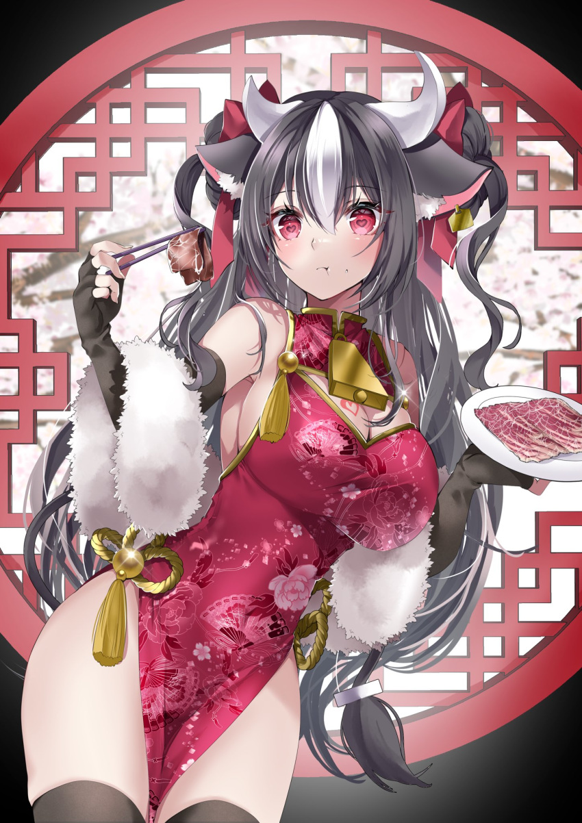 1girl akatsuki_hijiri animal_ears black_gloves black_hair black_thighhighs china_dress chinese_clothes commission cow_ears cow_girl cow_horns cow_tail dress eating elbow_gloves fingerless_gloves food gloves highres horns indie_virtual_youtuber indoors long_hair red_dress second-party_source shimofuri_ichibo skeb_commission solo standing steak sticks tail thighhighs virtual_youtuber white_hair