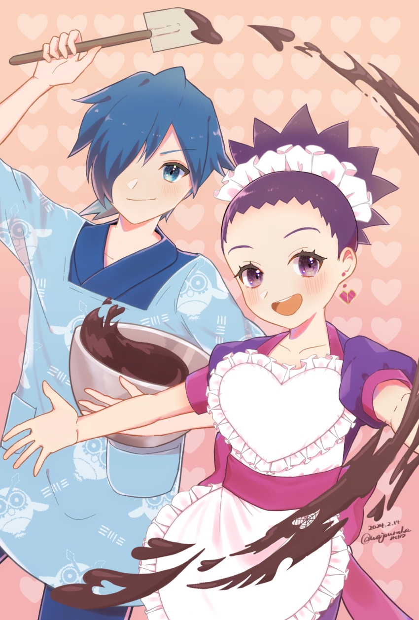 1boy 1girl :d adapted_costume apron aqua_eyes blue_hair character_print closed_mouth collarbone commentary_request dress earrings eyelashes falkner_(pokemon) frills hair_over_one_eye headdress heart heart_background highres hoothoot janine_(pokemon) jewelry open_mouth outstretched_arms pokemon pokemon_hgss purple_dress purple_eyes purple_hair short_hair short_sleeves smile teeth tongue upper_teeth_only valentine wajou-uruha white_apron