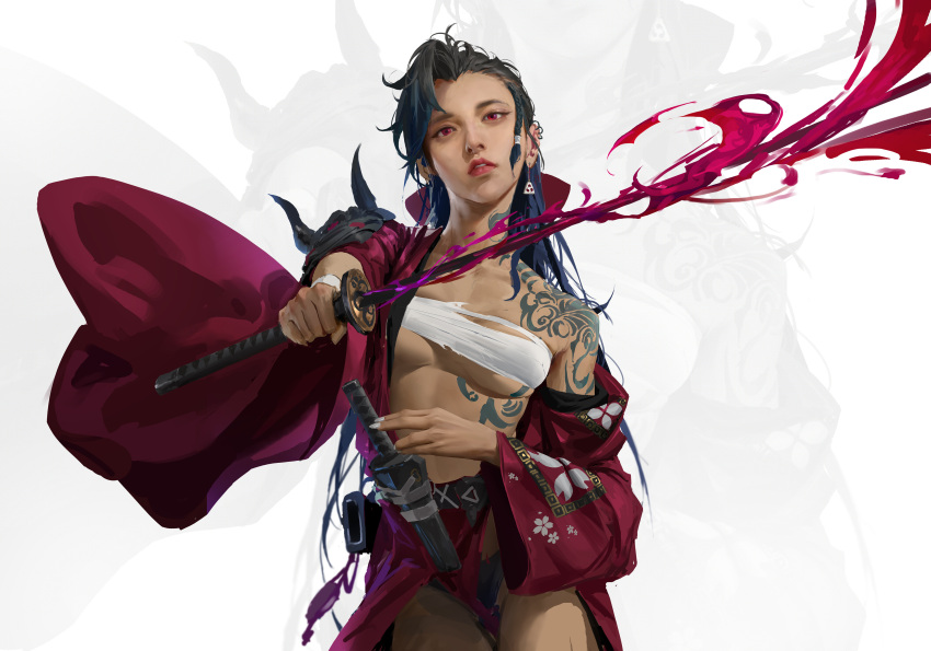 1girl absurdres arm_tattoo armor black_hair blood breasts earrings highres holding holding_sword holding_weapon japanese_clothes jewelry katana kimono lips long_hair looking_at_viewer medium_breasts original parted_lips red_eyes sarashi sheath shoulder_armor shoulder_tattoo simple_background solo sword tattoo underboob vergilhoo weapon white_background