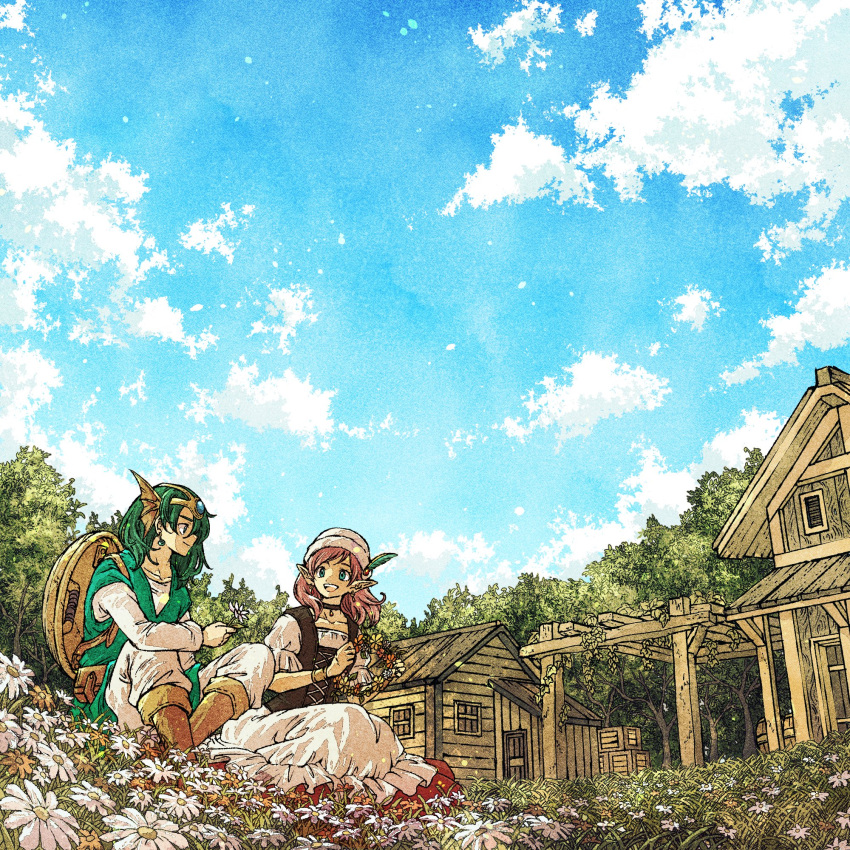 1boy 1girl blue_sky boots brown_footwear character_request closed_mouth cloud collarbone commentary_request dragon_quest dragon_quest_iv earrings eyelashes field flower flower_field green_eyes green_hair green_tunic head_wings hero_(dq4) highres holding holding_wreath jewelry medium_hair on_grass open_mouth outdoors pointy_ears red_hair shield sitting sky smile teeth toriga tree upper_teeth_only white_headwear wings
