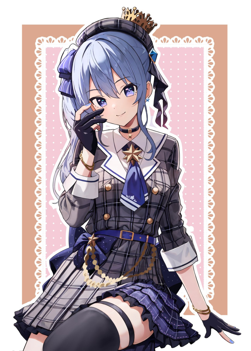 1girl black_thighhighs blue_eyes blue_hair blue_nails crown earrings fingerless_gloves gloves hair_between_eyes hand_up hat highres hololive hoshimachi_suisei hoshimachi_suisei_(1st_costume) jewelry long_hair looking_at_viewer nail_polish side_ponytail sitting smile solo star_(symbol) star_earrings thigh_strap thighhighs tooo88