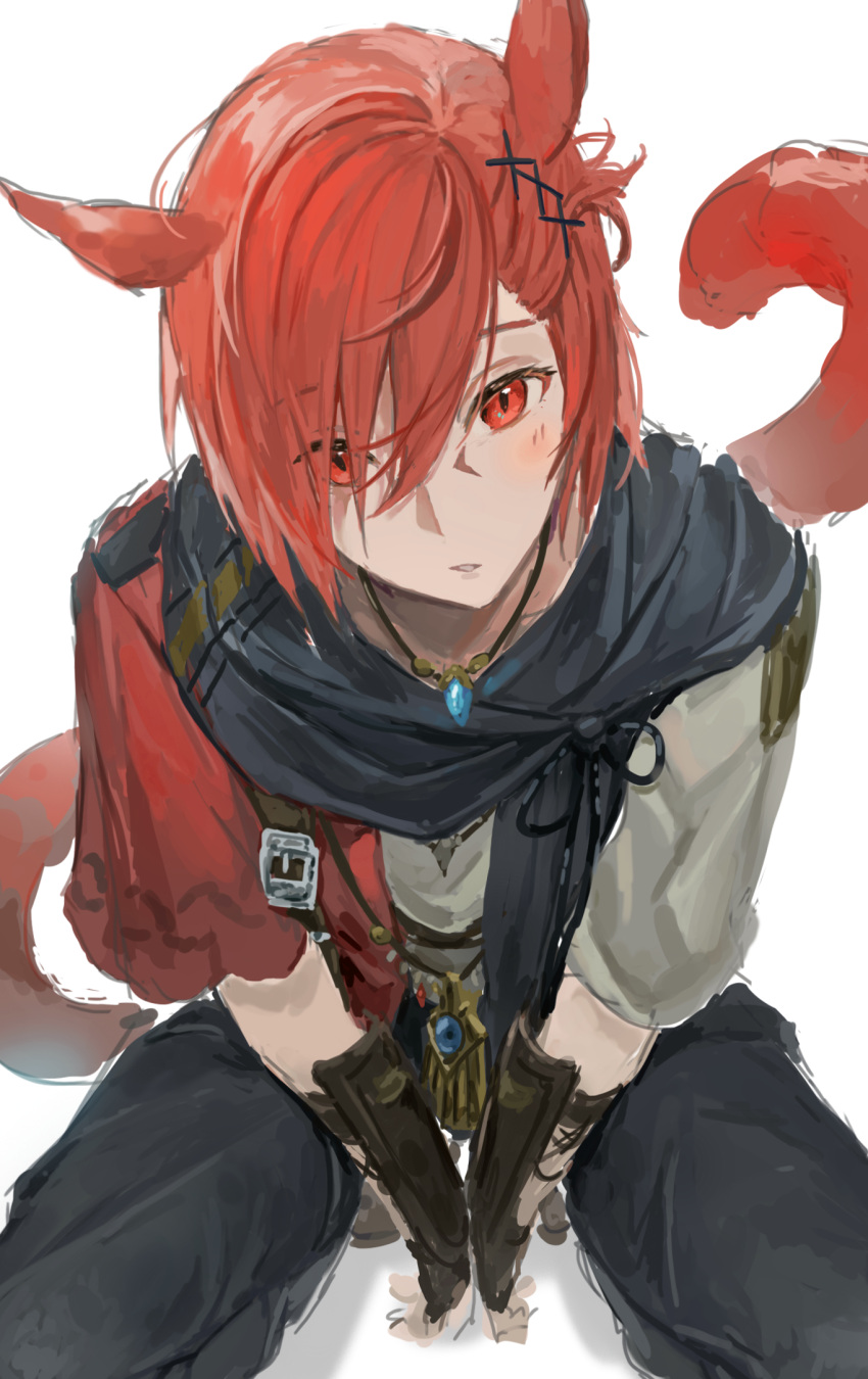 1boy animal_ears black_pants black_scarf cat_ears cat_tail final_fantasy final_fantasy_xiv g'raha_tia hair_ornament hairclip head_tilt highres jewelry looking_at_viewer lumeru_33 male_focus miqo'te necklace pants parted_lips red_eyes red_hair scarf simple_background solo squatting tail white_background x_hair_ornament
