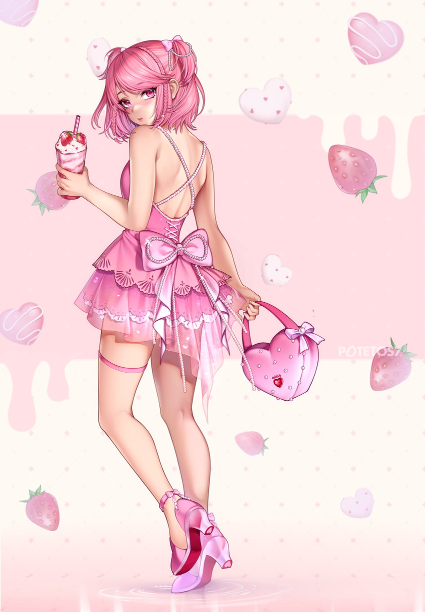 1girl alternate_costume bag bare_arms bare_shoulders blush bow cup doki_doki_literature_club drinking_straw food from_behind fruit hair_bow heart-shaped_bag high_heels highres holding holding_bag holding_cup looking_at_viewer looking_back medium_hair natsuki_(doki_doki_literature_club) pink_bow pink_eyes pink_footwear pink_hair potetos7 solo strawberry thigh_strap twintails