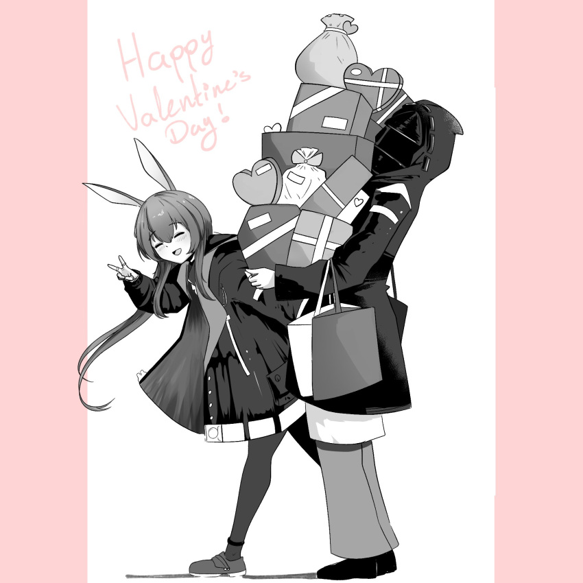 1girl 1other :d amiya_(arknights) animal_ears arknights bag bee_(user_cwsv3353) blush carrying_bag closed_eyes doctor_(arknights) dot_nose facing_viewer from_side greyscale_with_colored_background hair_between_eyes hand_up happy_valentine highres hood hood_up hooded_jacket jacket jewelry long_hair long_sleeves mask multiple_rings open_clothes open_jacket open_mouth outside_border pants pantyhose pillarboxed ponytail rabbit_ears rabbit_girl ring shoes smile tote_bag v