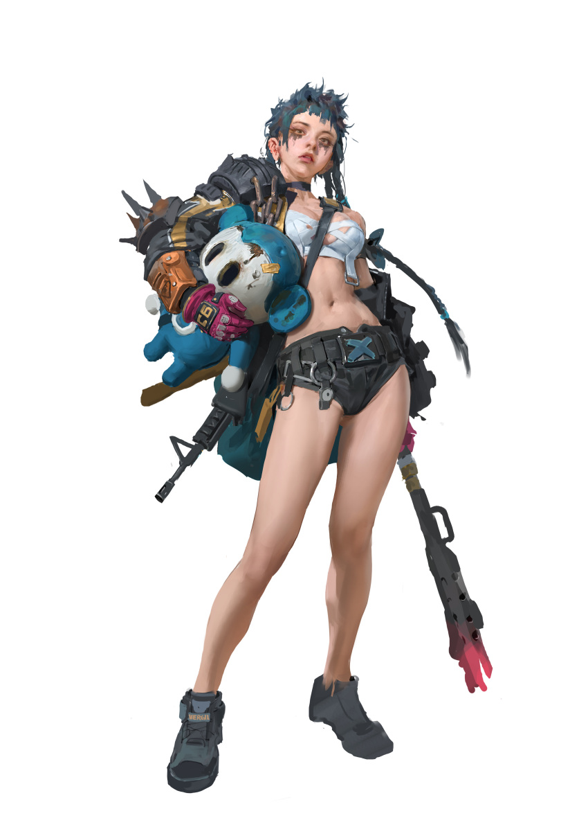 1girl absurdres belt black_shorts blue_hair braid breasts earrings full_body gloves gun highres holding jewelry lips long_hair looking_at_viewer navel original sarashi shoes short_shorts shorts simple_background solo spikes standing stuffed_toy twin_braids vergilhoo weapon white_background