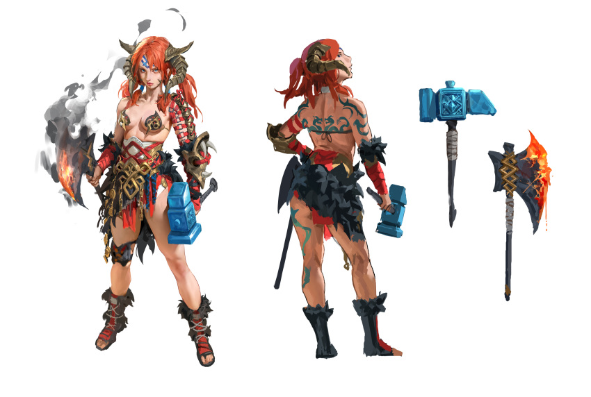 1girl absurdres armor axe battle_axe blue_eyes boots breasts demon_girl dumbbell fire full_body fur_trim hammer highres holding holding_axe horns large_breasts long_hair multiple_views muscular muscular_female orange_hair original pasties red_hair reference_sheet scar simple_background tattoo toeless_footwear vergilhoo weapon white_background