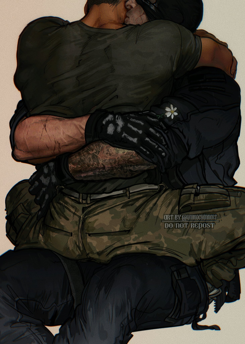 2boys arm_tattoo ass back bara black_gloves black_hair black_pants call_of_duty call_of_duty:_modern_warfare_2 camouflage camouflage_pants couple ghost_(modern_warfare_2) gloves green_pants highres hug kiss kissing_cheek male_focus mask mask_lift multiple_boys muscular muscular_male pants short_hair sitting sitting_on_person soap_(modern_warfare_2) tattoo twitter_username umikochannart yaoi