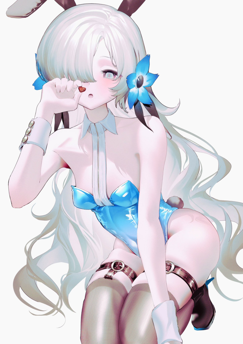 +9_(181b39_) 1girl animal_ears blue_flower blue_leotard breasts candy chocolate fake_animal_ears fake_tail flower food grey_eyes grey_hair hair_flower hair_ornament hair_over_one_eye heart heart-shaped_chocolate highleg highleg_leotard highres isekai_joucho kamitsubaki_studio kneeling leotard long_hair looking_at_viewer open_mouth playboy_bunny rabbit_ears rabbit_tail skindentation small_breasts solo tail thigh_strap thighhighs very_long_hair virtual_youtuber wrist_cuffs