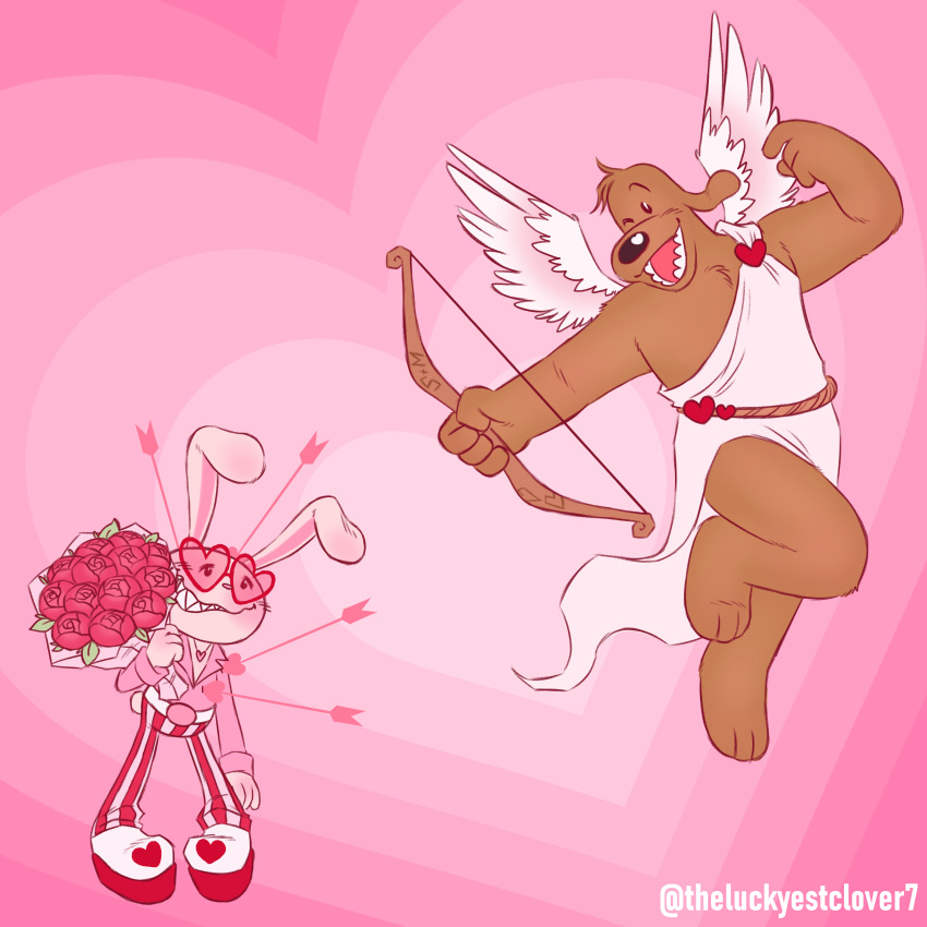 &lt;3 1:1 2024 4_fingers absurd_res anthro artist_name barefoot black_nose bow_(weapon) brown_body brown_fur canid canine canis clothing collared_shirt cosplay cupid digital_drawing_(artwork) digital_media_(artwork) domestic_dog duo feet fingers fur heart_glasses hearts_around_head hi_res holidays hunting_dog interspecies irish_wolfhound lagomorph leporid long_sleeve_shirt long_sleeves male male/male mammal max_(sam_and_max) one_eye_closed open_mouth pink_background pink_clothing pink_shirt pink_topwear rabbit ranged_weapon robe romantic romantic_couple sam_and_max samuel_dog shirt sighthound simple_background smile theluckyestclover7 topwear valentine's_day weapon white_body white_clothing white_fur white_robe white_wings wings wink