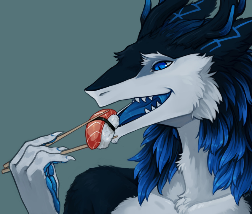 2024 4_fingers allegrosky anthro antlers black_body black_fur blue_eyes blue_mane blue_markings blue_tongue chopsticks digital_drawing_(artwork) digital_media_(artwork) eating fingers food fur happy hi_res horn looking_at_food looking_at_object male mane markings nigiri open_mouth sake_dish salmon_(food) sergal shaded side_view simple_background simple_shading solo standing sushi teeth_showing tongue watermark white_body white_fur zener_(sergal)