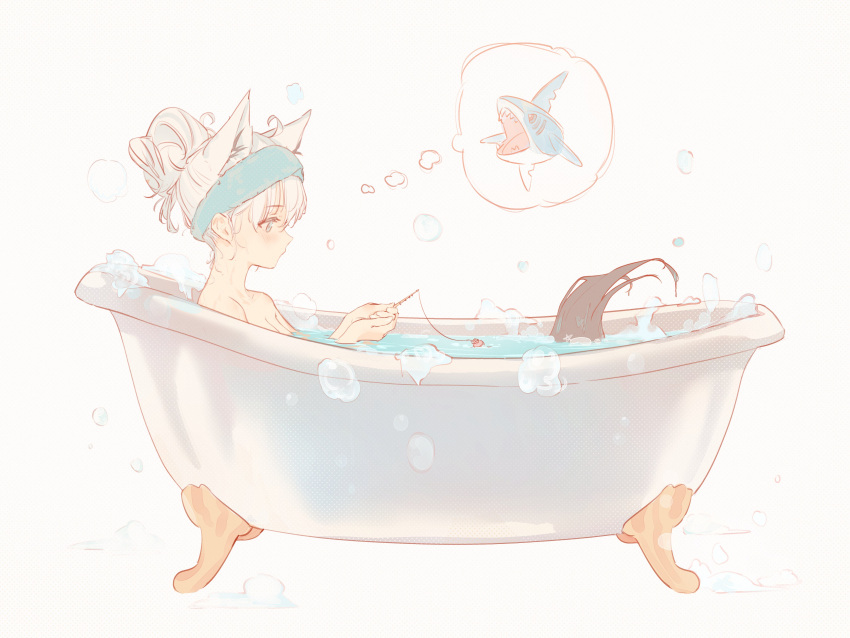 1girl absurdres ahoge animal_ears bathing bathtub blue_eyes blush breasts claw_foot_bathtub commentary fishing_rod fox_ears fox_girl fox_tail from_side highres hololive hyde_(tabakko) medium_breasts partially_submerged pokemon pokemon_(creature) profile sharpedo shirakami_fubuki short_ponytail simple_background soap_bubbles solo spoken_character symbol-only_commentary tail towel towel_on_head virtual_youtuber water white_background white_hair