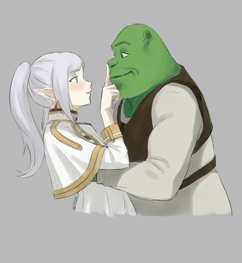 1boy 1girl absurdres bald capelet colored_skin commission couple dangle_earrings domai_(dial_kasper) drop_earrings earrings elf frieren green_eyes green_skin grey_background grey_hair hetero highres jewelry ogre pointy_ears shrek shrek_(series) simple_background skirt sousou_no_frieren twintails white_capelet white_skirt