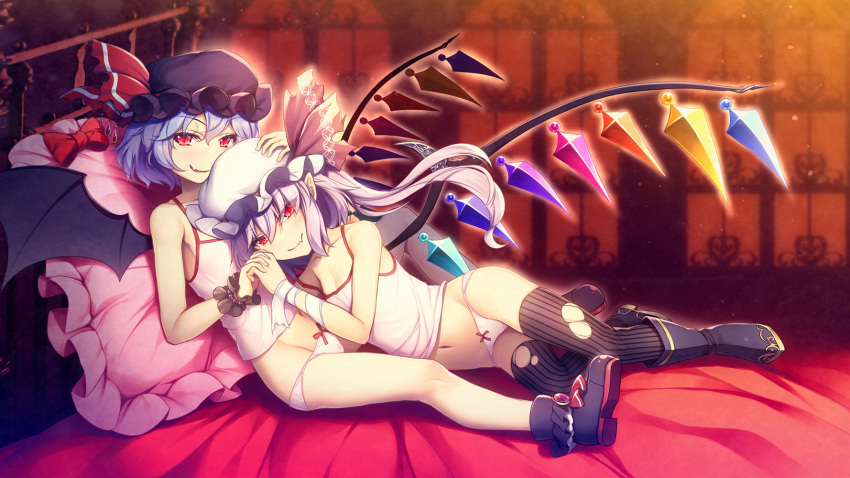 2girls bandaged_arm bandages bat_wings blonde_hair boots camisole chima_q crystal_wings fangs flandre_scarlet frills hat highres holding_hands looking_at_viewer medium_hair mob_cap multiple_girls on_bed panties red_eyes remilia_scarlet side_ponytail smirk socks touhou underwear white_camisole white_hair white_panties wings