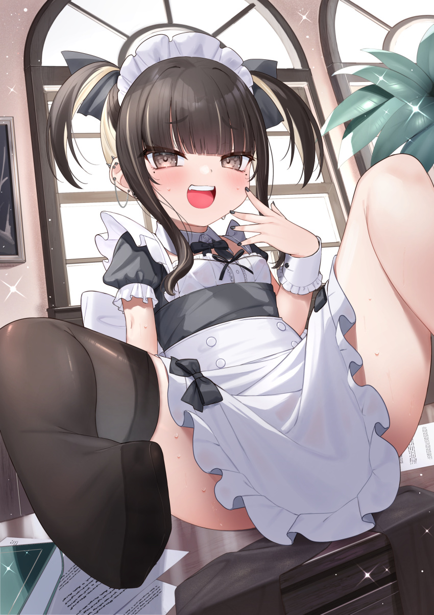 1girl :d absurdres apron black_bow black_dress black_nails black_ribbon blush bow breasts brown_eyes brown_hair brown_thighhighs collar commentary_request day desk detached_collar dress ear_piercing frilled_apron frills hair_ribbon hand_up highres indoors looking_at_viewer maid maid_headdress multicolored_hair nail_polish no_shoes on_desk original piercing puffy_short_sleeves puffy_sleeves ribbon short_sleeves small_breasts smile solo spread_legs streaked_hair sunlight sweat thighhighs tsukiman twintails white_apron white_collar window wing_collar wrist_cuffs