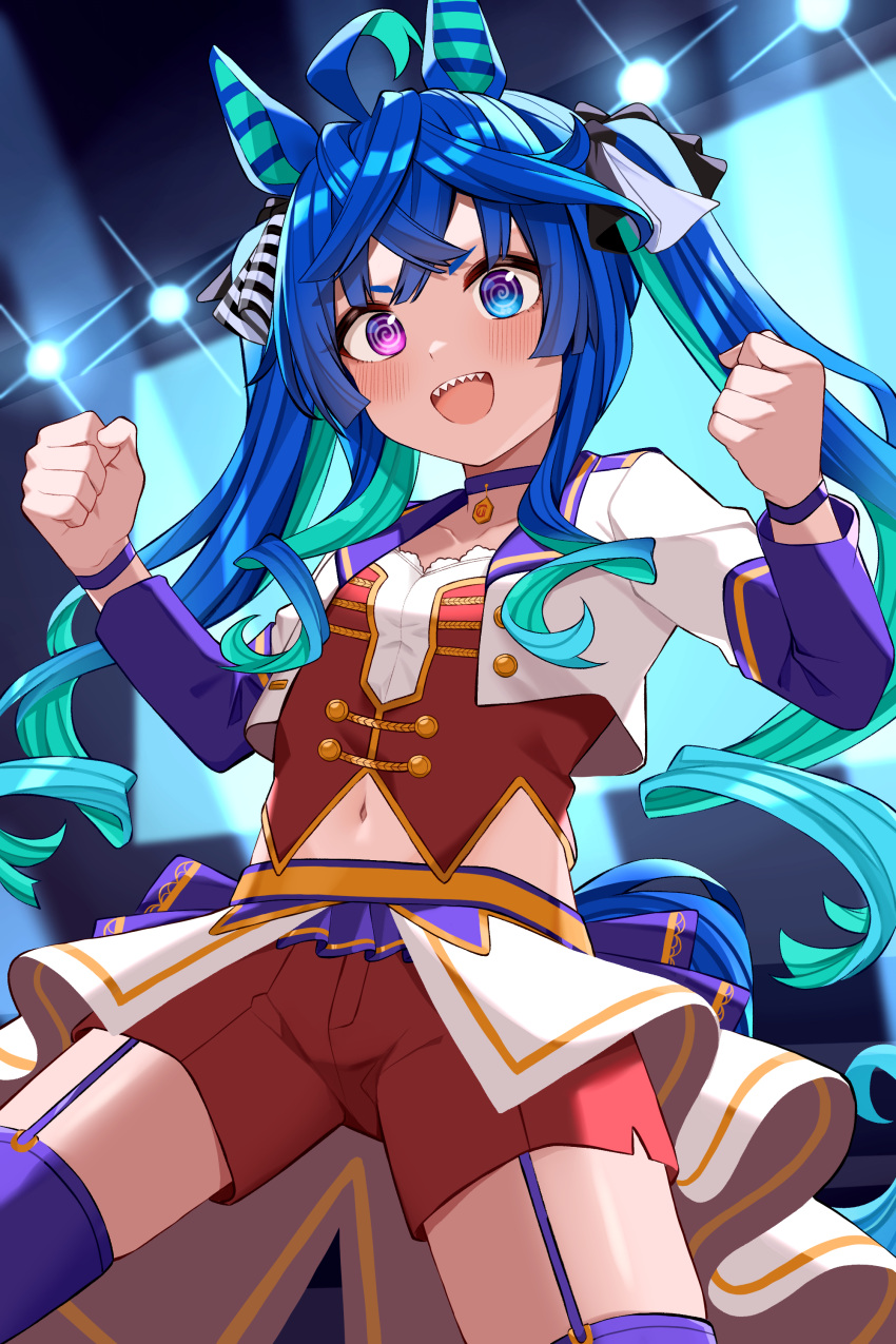 1girl absurdres ahoge animal_ears aqua_hair black_ribbon blue_choker blue_eyes blue_hair bracelet choker clenched_hands cowboy_shot cropped_jacket crossed_bangs garter_straps hair_ribbon heterochromia highres horse_ears horse_girl horse_tail jacket jewelry long_hair long_sleeves midriff multicolored_hair nagaburo_imoni navel official_alternate_costume open_mouth purple_eyes purple_thighhighs red_shirt red_shorts ribbon sharp_teeth shirt shorts showgirl_skirt sidelocks smile solo spotlight standing starting_future_(umamusume) tail teeth thighhighs twin_turbo_(umamusume) twintails two-tone_hair umamusume very_long_hair white_jacket