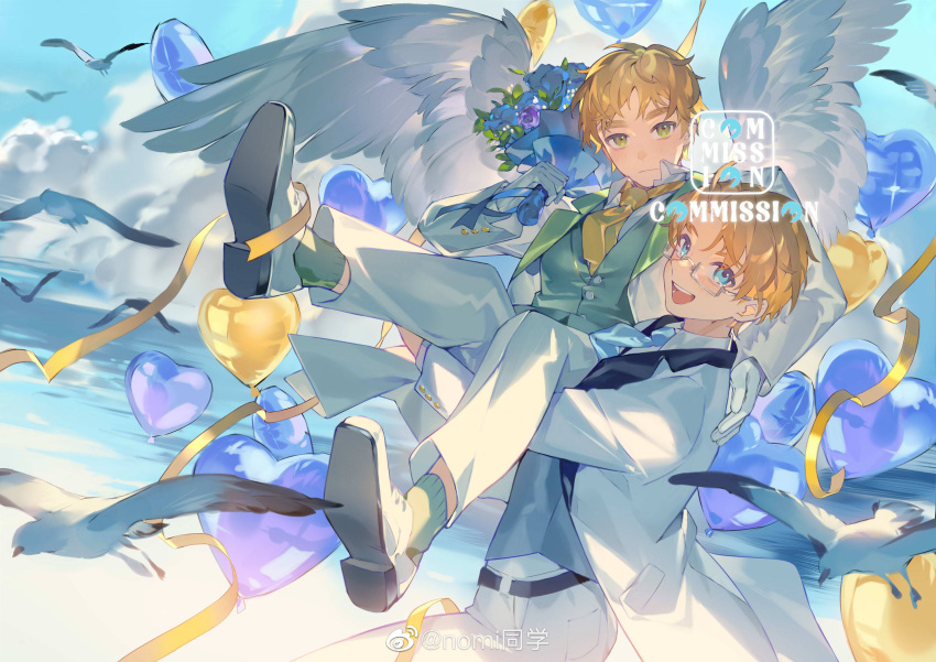 2boys balloon beach belt bird bird_wings bishounen black_belt black_collar blonde_hair blue_flower blue_necktie blue_ribbon bouquet buttons check_copyright chinese_commentary closed_mouth coattails collar collared_jacket collared_shirt commentary_request commission copyright_request cowboy_shot day feathered_wings flower full_body glasses gloves green_collar green_socks green_vest grey-framed_eyewear groom hand_on_another's_back heart_balloon highres holding holding_bouquet husband_and_husband jacket layered_sleeves lifting_person light_blush light_frown long_sleeves looking_at_viewer male_focus multiple_boys necktie nomi_tongxue ocean open_clothes open_jacket original outdoors pants pocket purple_flower purple_rose ribbon rose seagull shirt shoes short_hair socks sparkle thick_eyebrows too_many too_many_birds v-neck vest watermark weibo_logo weibo_username white_footwear white_gloves white_jacket white_pants white_shirt white_sleeves white_wings wings yaoi yellow_necktie