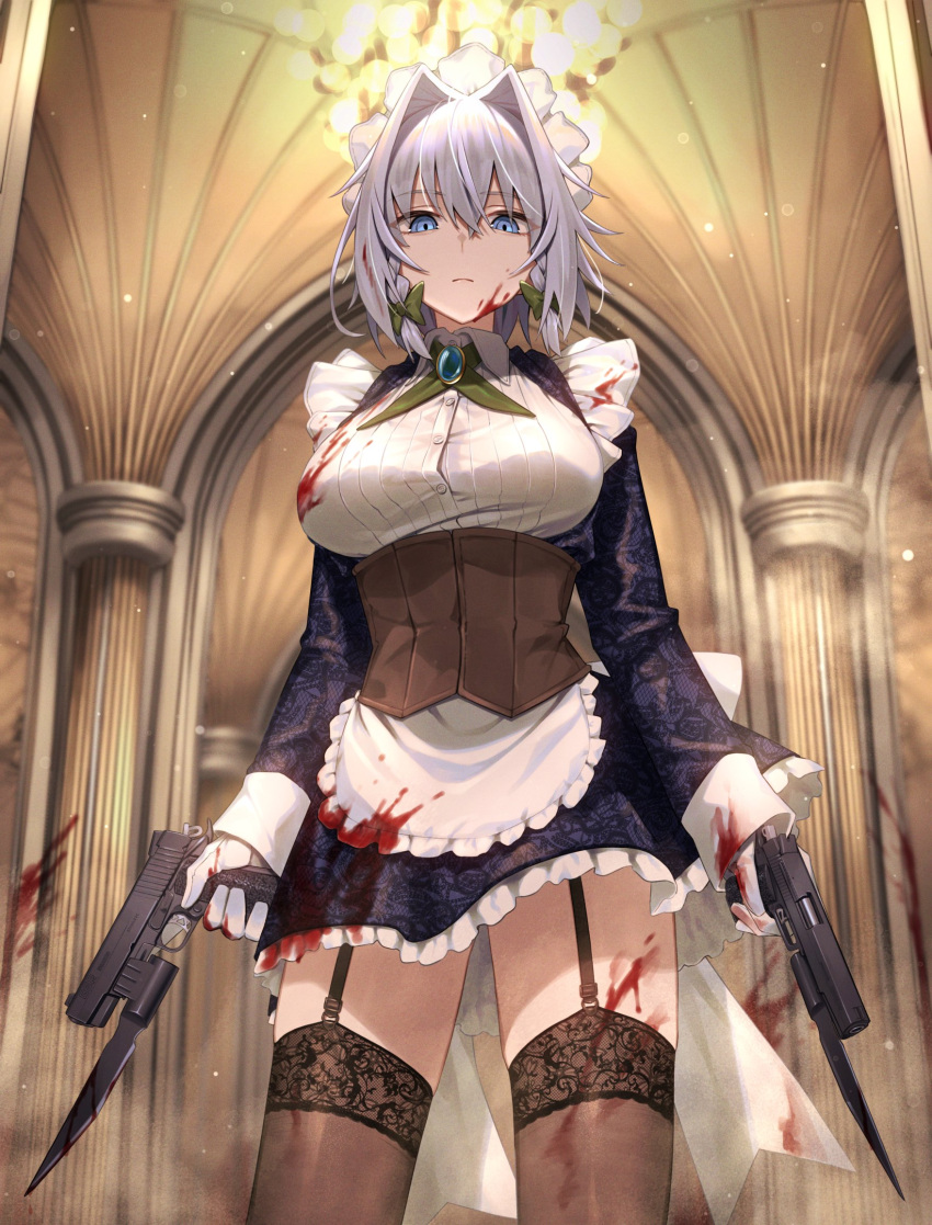 1girl apron blood blood_on_clothes blood_on_face braid breasts corset cowboy_shot dual_wielding expressionless garter_straps greenkohgen grey_hair gun hair_intakes highres holding holding_gun holding_weapon izayoi_sakuya lace-trimmed_legwear lace_trim large_breasts looking_at_viewer maid maid_apron maid_headdress short_hair standing touhou twin_braids waist_apron weapon