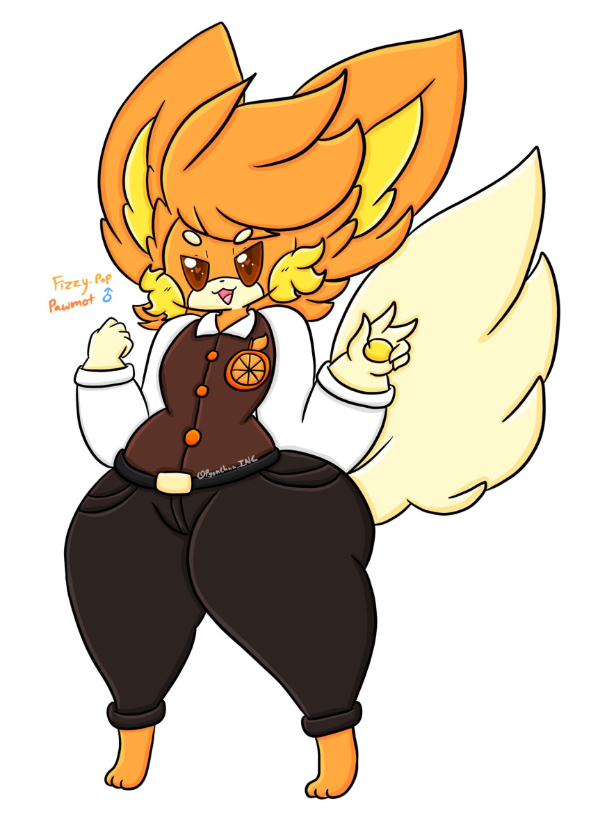 5_fingers anthro bottomwear brown_eyes clothing fingers fur generation_9_pokemon hair hi_res lewdchuu_(artist) male nintendo orange_body orange_fur orange_hair pants pawmot pokemon pokemon_(species) shirt simple_background solo tail topwear white_background