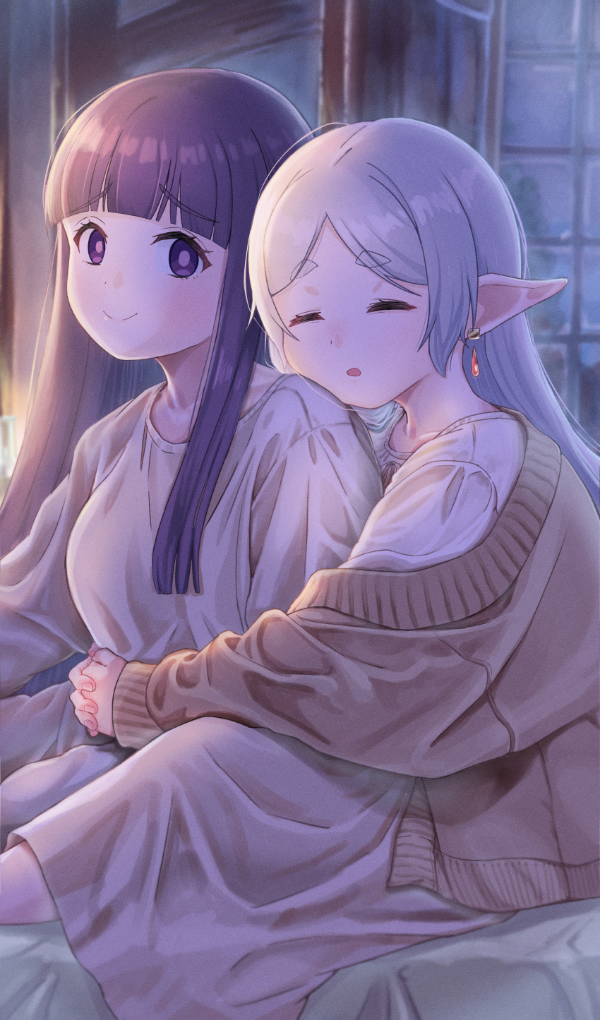 2girls absurdres brown_cardigan cardigan closed_mouth dangle_earrings drop_earrings earrings elf fern_(sousou_no_frieren) frieren gimi_00 grey_hair highres hug hug_from_behind jewelry long_hair multiple_girls nightgown pointy_ears purple_eyes purple_hair sleepy smile sousou_no_frieren white_nightgown