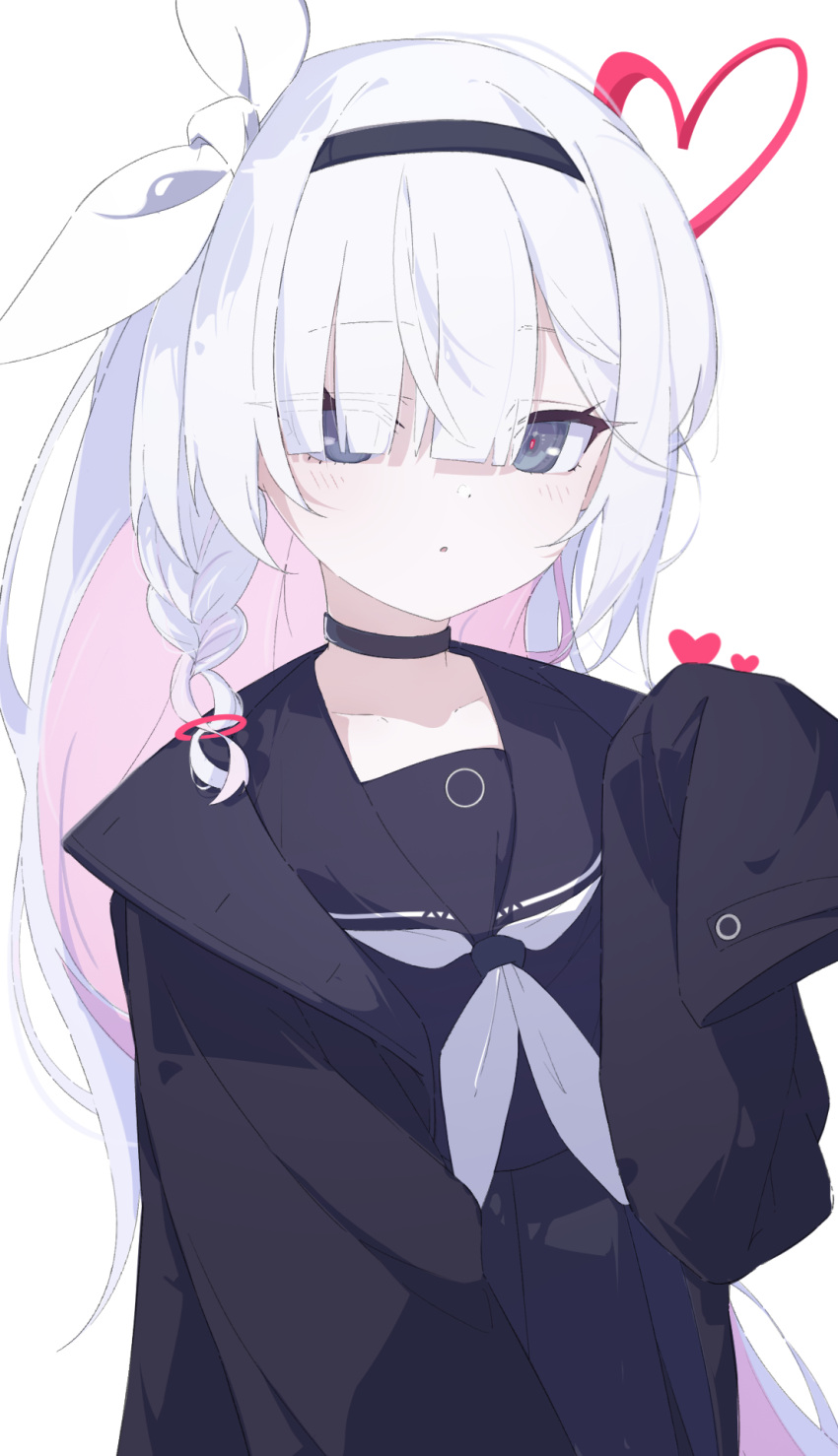 1girl black_choker black_coat black_hairband black_serafuku black_shirt black_skirt blue_archive braid choker coat colored_inner_hair commentary_request grey_eyes hair_over_one_eye hair_ribbon hairband halo hand_up heart_halo highres long_hair looking_at_viewer multicolored_hair neckerchief open_clothes open_coat pink_hair plana_(blue_archive) red_halo ribbon ringosu school_uniform serafuku shirt side_braid simple_background skirt sleeves_past_fingers sleeves_past_wrists solo upper_body very_long_hair white_background white_hair white_neckerchief white_ribbon