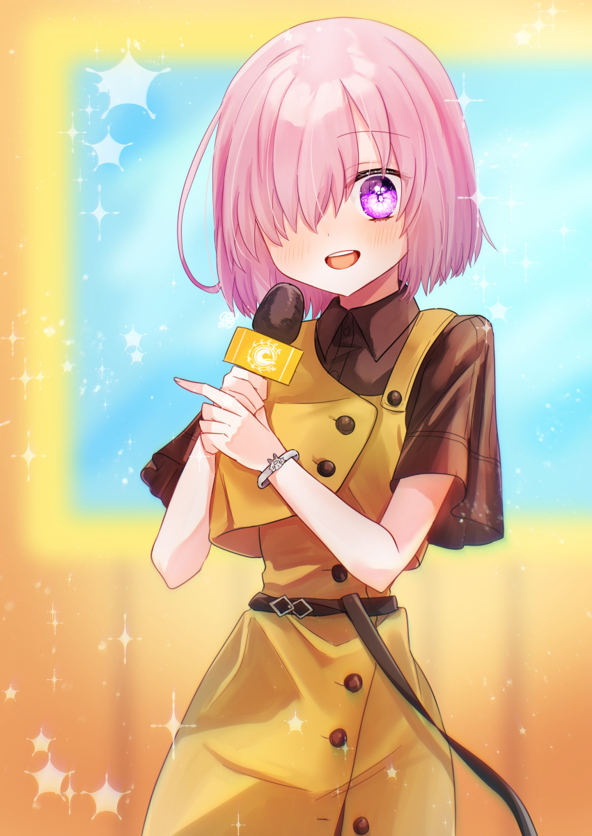 1girl :d absurdres alternate_costume black_shirt bracelet collared_shirt dress dress_shirt fate/grand_order fate_(series) hair_over_one_eye harukappa highres holding holding_microphone jewelry looking_at_viewer mash_kyrielight medium_hair microphone open_mouth pinafore_dress pink_eyes pink_hair shirt short_sleeves sleeveless sleeveless_dress smile solo standing straight_hair wing_collar yellow_dress