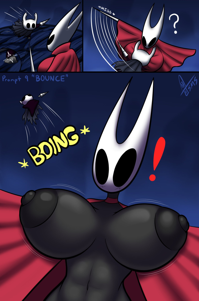 absurd_res accident accidental_exposure anthro areola arthropod assisted_exposure black_areola black_eyes black_nipples blue_background breasts duo exclamation_point exposed_breasts female grey_body grey_cloak hi_res hollow_knight hornet_(hollow_knight) insect male navel nipples onomatopoeia question_mark red_cloak simple_background sound_effects supermoonshroom team_cherry text the_knight_(hollow_knight) white_body