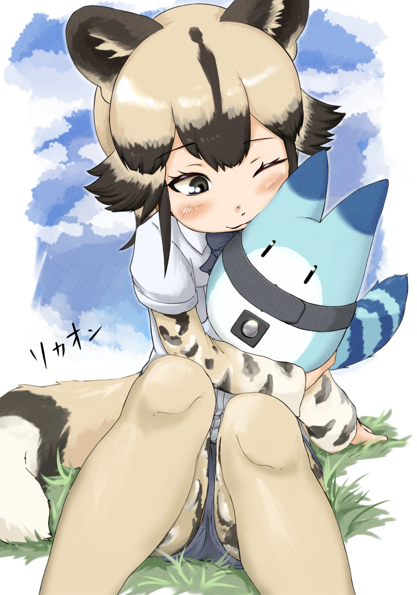 1girl absurdres african_wild_dog_(kemono_friends) african_wild_dog_print animal_ears black_hair blush bow bowtie brown_hair closed_mouth collared_shirt denim denim_shorts dog_ears dog_tail feet_out_of_frame fuzhuz grass grey_eyes highres hug kemono_friends knees_up layered_sleeves light_brown_hair long_sleeves looking_at_another lucky_beast_(kemono_friends) medium_hair multicolored_hair on_grass on_ground one_eye_closed print_sleeves shirt short_over_long_sleeves short_shorts short_sleeves shorts sitting smile tail thighhighs two-tone_hair upshorts white_shirt wing_collar