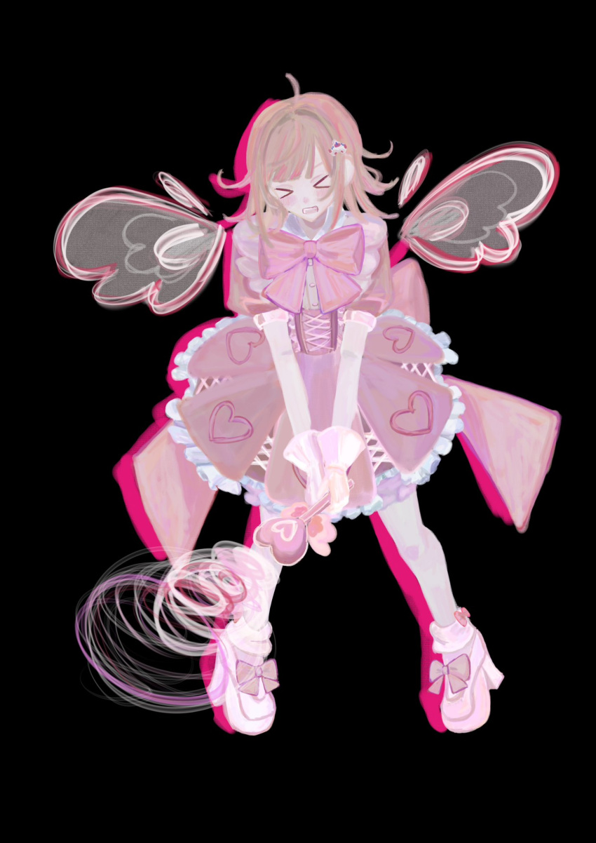 &gt;_&lt; 1girl ahoge black_background blush brown_hair clenched_teeth danganronpa_(series) danganronpa_2:_goodbye_despair dress frilled_dress frills full_body galaga hair_intakes hair_ornament heart heart_print highres holding medium_hair nanami_chiaki pink_dress puffy_short_sleeves puffy_sleeves shoes short_sleeves smile solo suki_tani teeth wings