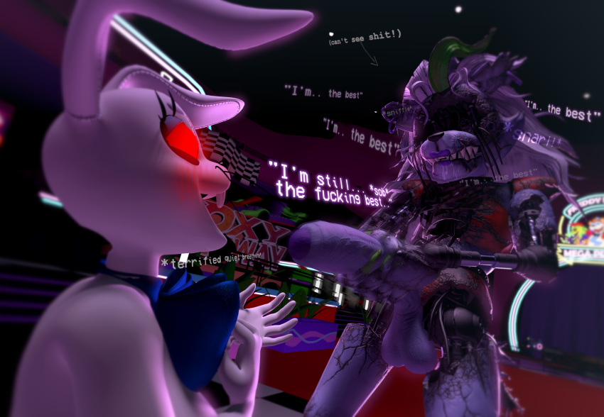 3d_(artwork) 5_fingers animatronic anthro balls being_watched big_penis blind blush bodily_fluids both_hands_on_penis bow_ribbon broken_robot canid canine canis clenched_teeth colored_nails dialogue digital_media_(artwork) dirty disability duo eyeless female fingers five_nights_at_freddy's five_nights_at_freddy's:_security_breach foreskin genitals green_highlights green_nails grey_body gynomorph hair hi_res highlights_(coloring) holding_penis intersex intersex/female lagomorph leporid lewdwithlogan looking_at_another machine mammal masturbation nails nervous penile penile_masturbation penis profanity questionable_consent rabbit red_carpet red_eyes robot roxanne_wolf scared scottgames sharp_teeth shattered shattered_roxanne_wolf_(fnaf) sneaky source_filmmaker steel_wool_studios tears teeth text unaware vanny_(fnaf) white_body white_hair wolf wounded