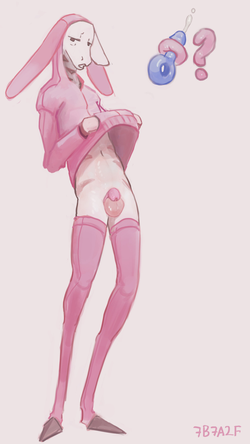 2023 7b7a2f absurd_res anthro balls chastity_cage chastity_device clothing digital_media_(artwork) digital_painting_(artwork) footwear genitals hi_res hoodie long_socks looking_at_viewer male markings open_mouth pink_chastity_cage pink_clothing question_mark signature simple_background socks solo standing striped_markings stripes topwear