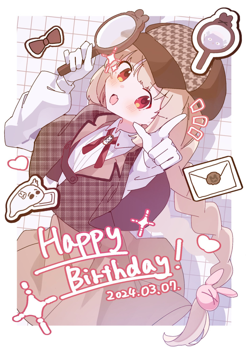 1girl :d argyle_clothes blush border braid brown_hair brown_headwear collarbone creature dated dutch_angle fang gloves grid_background hair_ornament hands_up happy_birthday highres holding holding_magnifying_glass long_hair long_sleeves magnifying_glass natori_sana pointing pointing_at_viewer rabbit_hair_ornament rco_as red_eyes sana_channel shirt single_braid skin_fang smile solo virtual_youtuber white_border white_gloves white_shirt