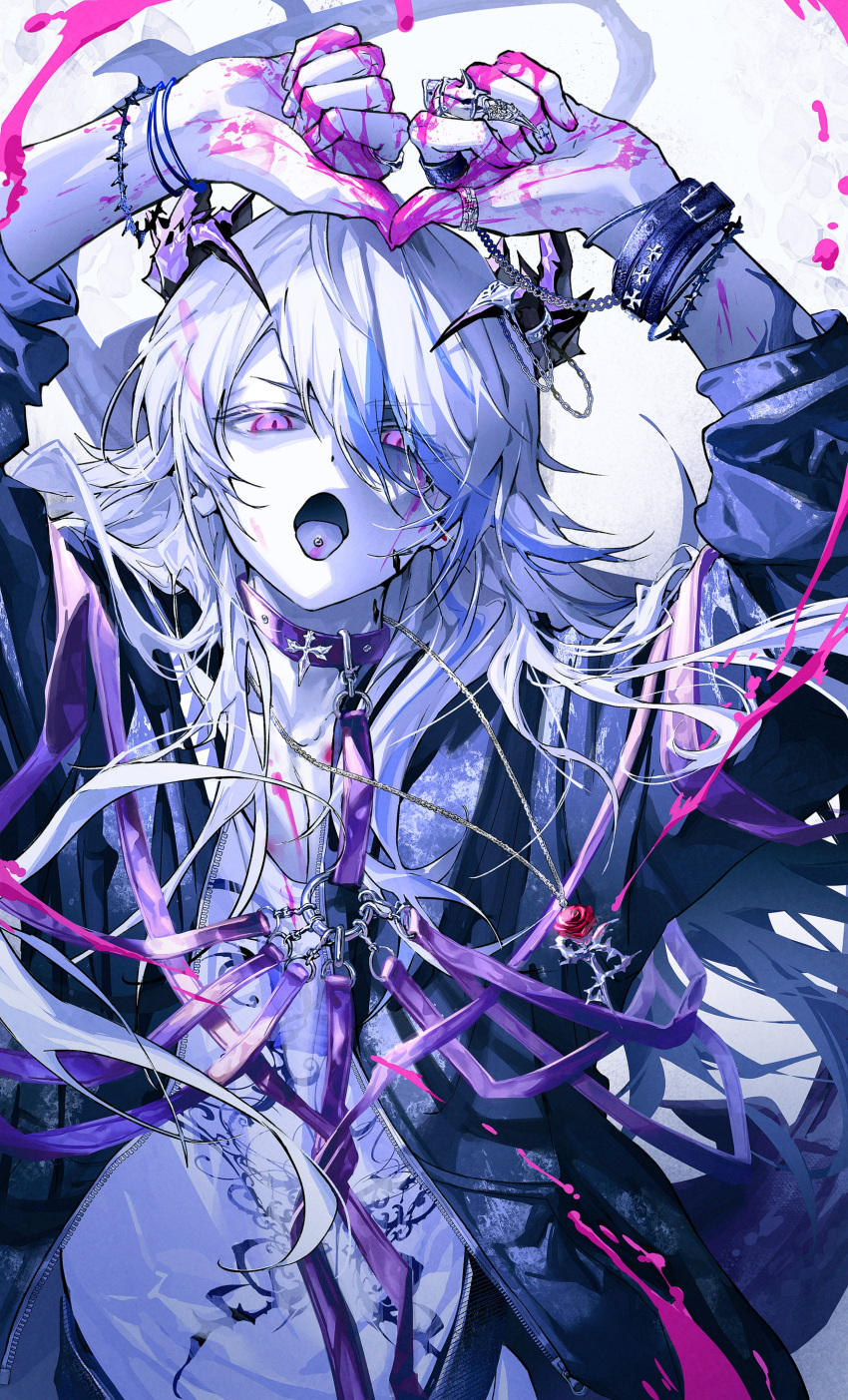 1boy absurdres alternate_costume arknights black_coat blood blood_on_hands coat collar commentary hands_up heart highres horns long_hair looking_at_viewer male_focus multiple_bracelets myluche open_mouth piercing pink_eyes puzzle_(arknights) simple_background solo tongue_piercing upper_body white_background white_hair