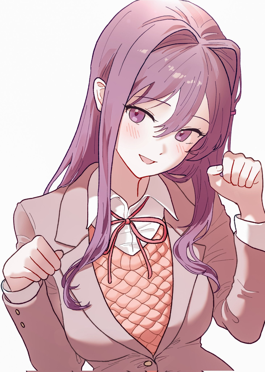 1girl blush bow bowtie breasts brown_sweater_vest doki_doki_literature_club dress_shirt eyelashes hair_between_eyes hair_ornament hairclip highres jacket large_breasts long_sleeves looking_at_viewer open_mouth purple_eyes purple_hair red_bow red_bowtie ribbon school_uniform shirt simple_background smile solo sweater_vest tongue upper_body white_background white_shirt yuna_4568 yuri_(doki_doki_literature_club)