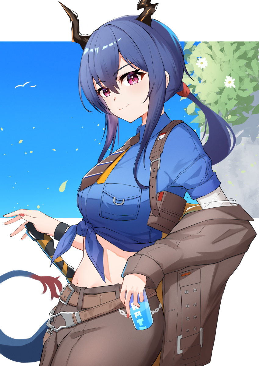 1girl absurdres arknights blue_hair blue_shirt breast_pocket brown_pants ch'en_(after_storm)_(arknights) ch'en_(arknights) dragon_girl dragon_horns dragon_tail hair_between_eyes highres horns k@bu long_hair looking_at_viewer midriff navel official_alternate_costume pants pocket police police_uniform red_eyes shirt solo sword tail tied_shirt uniform weapon
