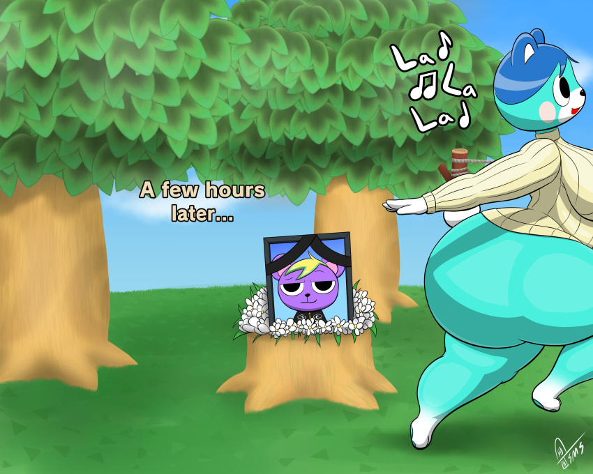 absurd_res animal_crossing anthro bear big_breasts big_butt black_clothing black_eyes black_topwear blonde_hair blue_body blue_fur blue_hair blue_highlights bluebear_(animal_crossing) bottom_heavy bottomless breasts butt clothed clothing dipstick_limbs duo female flower fur hair hi_res highlights_(coloring) huge_butt male mammal musical_note nintendo open_mouth photo plant purple_body purple_fur rodent rosy_cheeks sciurid short_hair side_view static_(animal_crossing) supermoonshroom tan_clothing tan_sweater tan_topwear text thick_thighs topwear tree_squirrel tree_stump white_body white_fur wide_hips