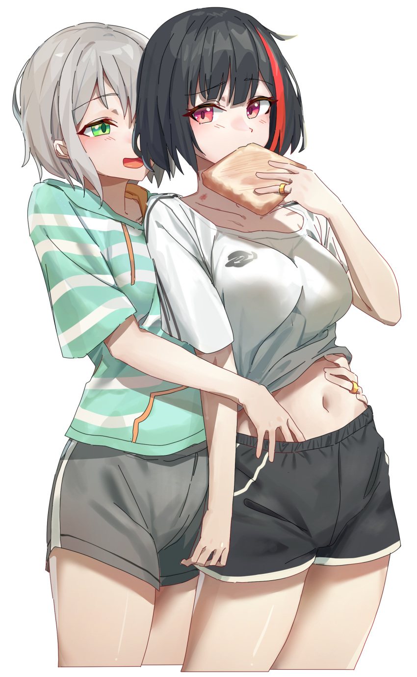 2girls absurdres aoba_moca bang_dream! black_hair blush bob_cut bread bread_slice casual chone clothes_lift collarbone couple covered_mouth eating food gold_ring green_eyes green_hoodie grey_hair gym_shorts hand_in_another's_pants hickey highres hood hoodie jewelry mitake_ran multicolored_hair multiple_girls navel open_mouth red_hair ring shirt shirt_lift short_hair shorts sidelocks simple_background smile streaked_hair striped_clothes striped_hoodie t-shirt toast wedding_ring white_shirt wife_and_wife yuri
