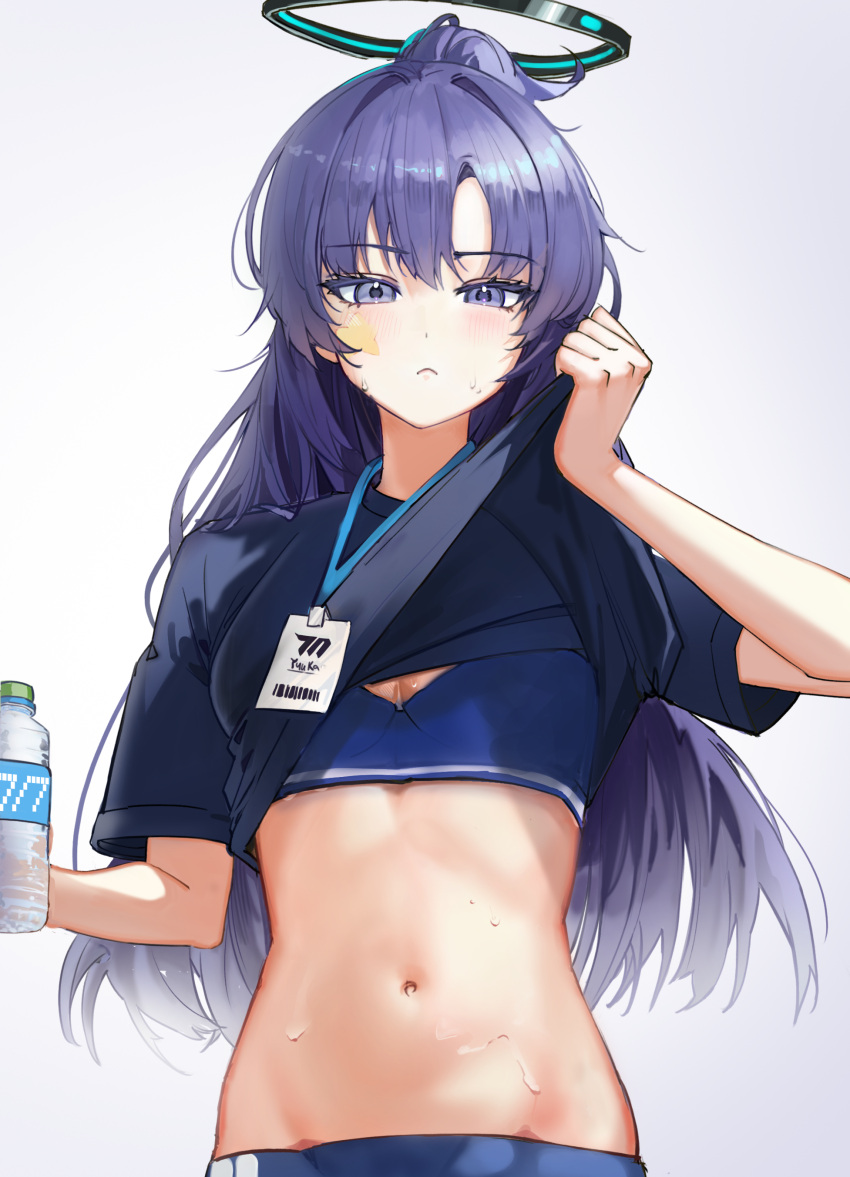 1girl absurdres black_shirt blue_archive blue_buruma blue_sports_bra blush bottle breasts buruma closed_mouth facial_mark halo highres holding holding_bottle id_card kamu_(stead06y) lanyard long_hair looking_at_viewer mechanical_halo medium_breasts navel official_alternate_costume official_alternate_hairstyle ponytail purple_eyes purple_hair shirt short_sleeves simple_background solo sports_bra star_(symbol) water_bottle white_background yuuka_(blue_archive) yuuka_(track)_(blue_archive)