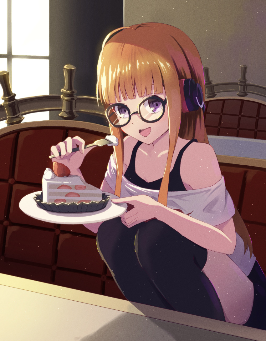 1girl :d absurdres ahoge bare_shoulders black-framed_eyewear black_camisole black_thighhighs blunt_bangs cake cake_slice camisole commentary couch eating feet_out_of_frame food fork fruit glasses happy headphones highres holding holding_fork holding_plate indoors leaning_forward light_blush light_particles long_hair looking_at_viewer off-shoulder_shirt off_shoulder on_couch open_mouth orange_hair persona persona_5 plate purple_eyes round_eyewear sakura_futaba shirt sidelighting sidelocks smile solo squatting straight_hair strawberry thighhighs white_shirt yasuba_yuichi