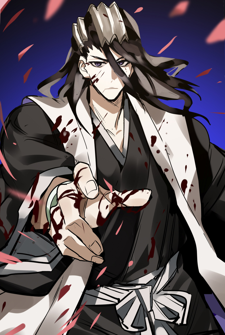 1boy absurdres black_hair black_shirt bleach blood blood_on_clothes blood_on_face blood_on_hands cherry_blossoms closed_mouth collarbone cowboy_shot gradient_background hair_between_eyes hair_ornament hand_up haori highres japanese_clothes kuchiki_byakuya long_hair male_focus obi purple_eyes sash senbonzakura_(shikai) shihakusho shirt solo taichou_haori white_haori white_sash wide_sleeves xi_luo_an_ya