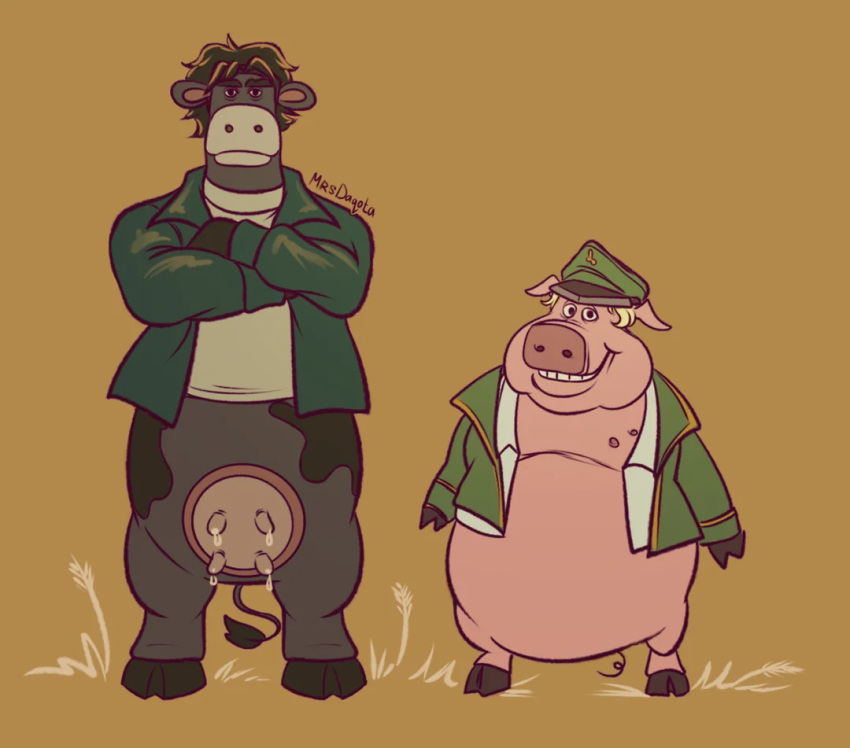 2024 anthro barnyard_(film) black_hair black_spots blonde_hair bodily_fluids bovid bovine brown_body cattle clothed clothing colored crossed_arms crossover cursed domestic_pig duo eyebrows fear_and_hunger grass green_clothing green_hat green_headwear green_jacket green_topwear hair hat headgear headwear hooves jacket lactating larger_male looking_at_viewer male mammal marcoh_(fear_and_hunger) markings military military_hat nostrills open_clothing open_shirt open_topwear overweight overweight_male pantsless pav_(fear_and_hunger) pink_body pink_inner_ear pink_udders plant shirt short_hair signature simple_background size_difference smaller_male smile smiling_at_viewer spiral_tail spots spotted_body standing suid suina sus_(pig) teats thick_eyebrows topwear typical_funger_fan udders white_clothing white_shirt white_topwear yellow_background yellow_clothing yellow_mouth yellow_shirt yellow_topwear