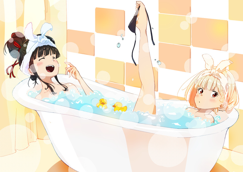 2girls absurdres bath bathing bathroom bathtub black_hair blonde_hair blush bubble claw_foot_bathtub closed_eyes completely_nude hair_bun hair_ribbon highres indoors inoue_takina lycoris_recoil misskiwi multiple_girls nishikigi_chisato nude open_mouth panties partially_submerged red_eyes ribbon rubber_duck same-sex_bathing shared_bathing short_hair smile soap_bubbles tile_wall tiles towel towel_on_head underwear water yuri