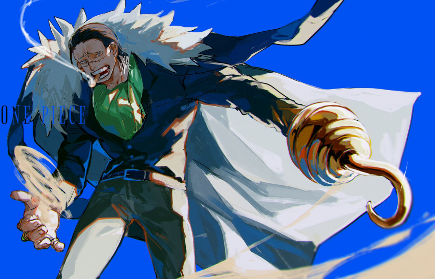 1boy ascot azisaiharumaki56 belt black_coat black_hair blue_background cigar coat coat_on_shoulders copyright_name cowboy_shot crocodile_(one_piece) floating_clothes fur-trimmed_coat fur_trim hair_slicked_back highres hook_hand jewelry long_sleeves looking_at_viewer male_focus multiple_rings one_piece pants ring short_hair sky smoke solo stitched_face stitches waistcoat