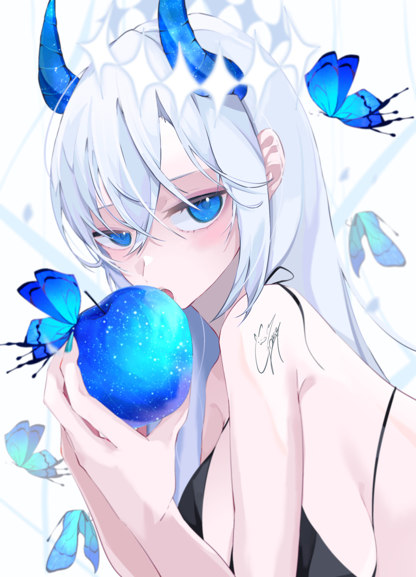 1girl absurdres apple bare_arms bare_shoulders blue_apple blue_eyes blue_horns blue_theme bra bug butterfly demon_horns food fruit goma_irasuto grey_hair highres holding holding_food holding_fruit horns long_hair original underwear very_long_hair white_hair